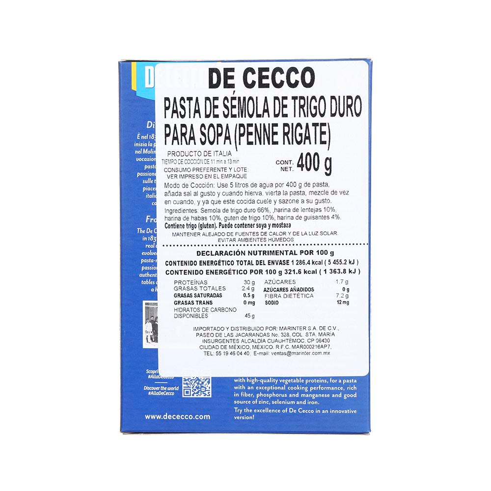 Pasta De Cecco Alta Proteina Penne Rigate de 400g - Italia