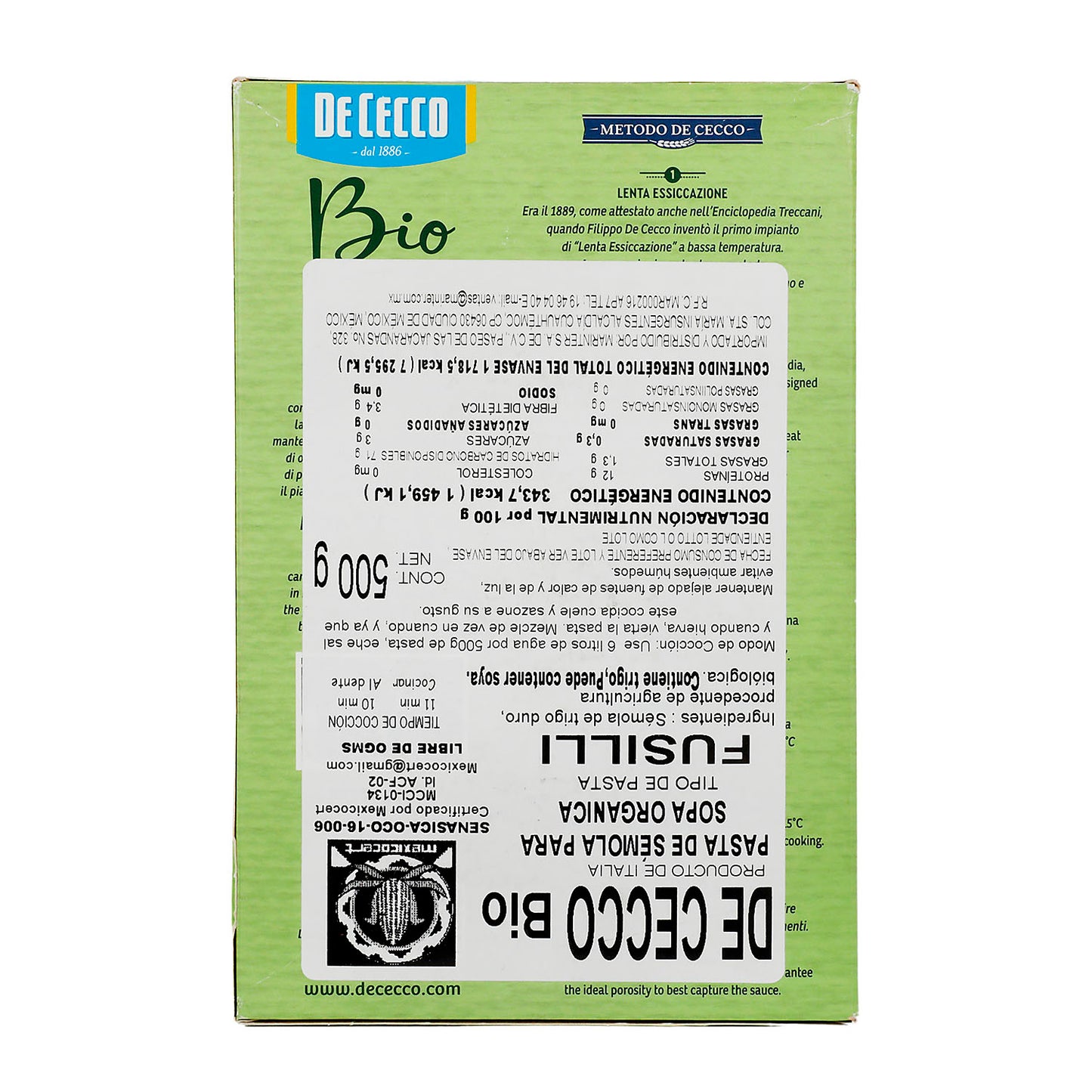 Pasta - De Cecco Bio Fusilli De Sémola 500 gr - Italia