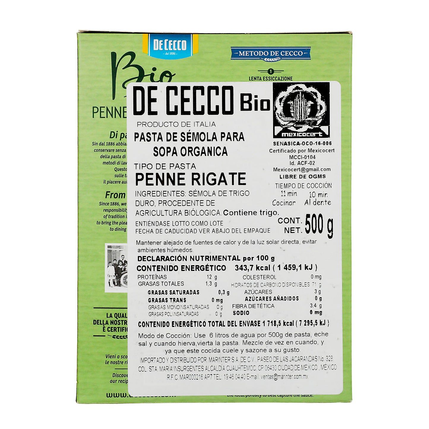 De Cecco - Pasta Bio  Penne Rigate  de Sémola 500 g - Italia