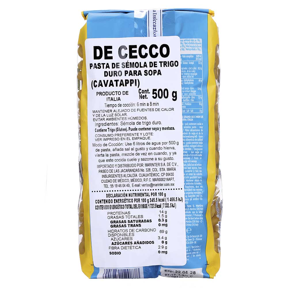 Pasta De Cecco de Semola Cavatappi de 500g - Italia