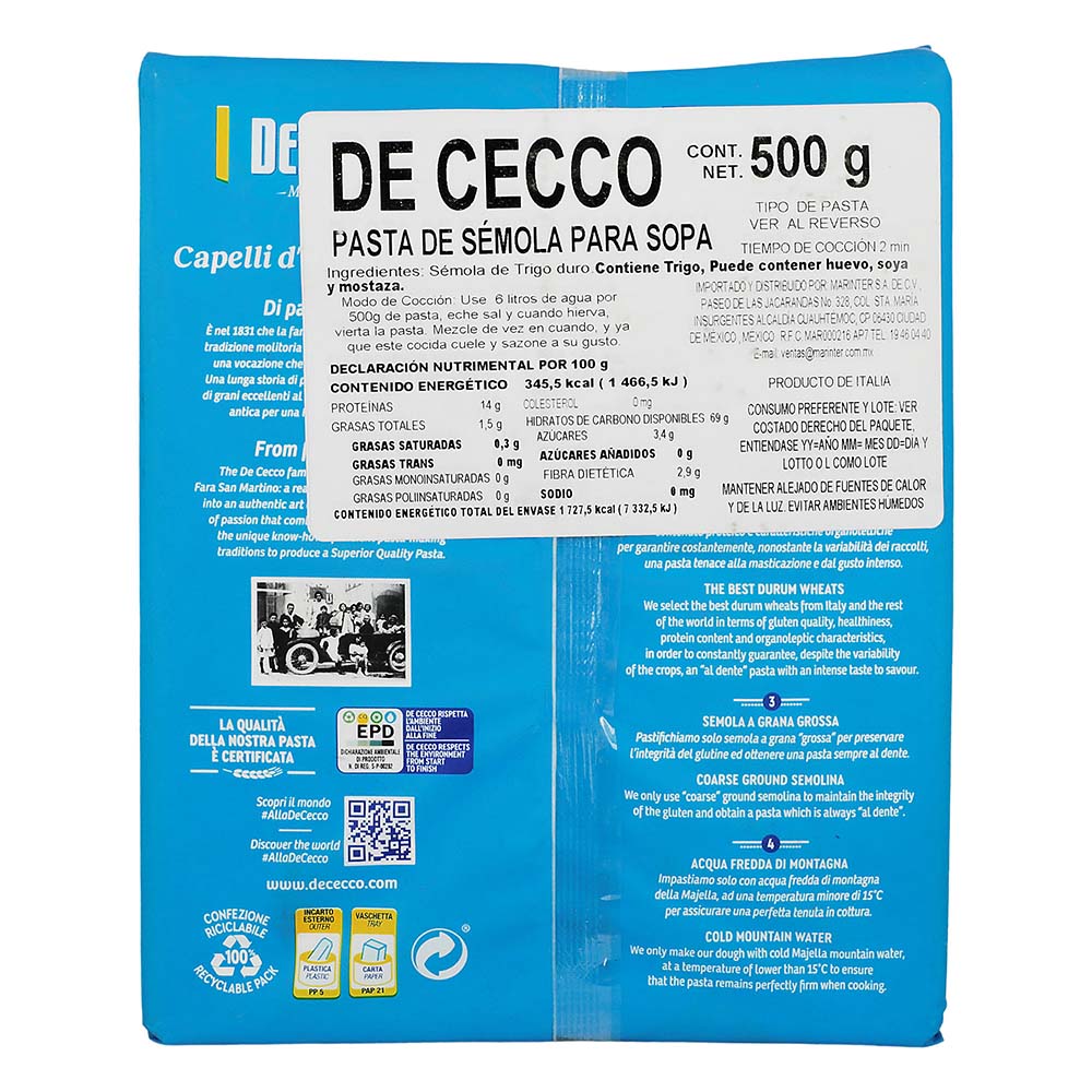 Pasta - De Cecco Nidi Capelli D Angelo De Sémola 500 gr - Italia