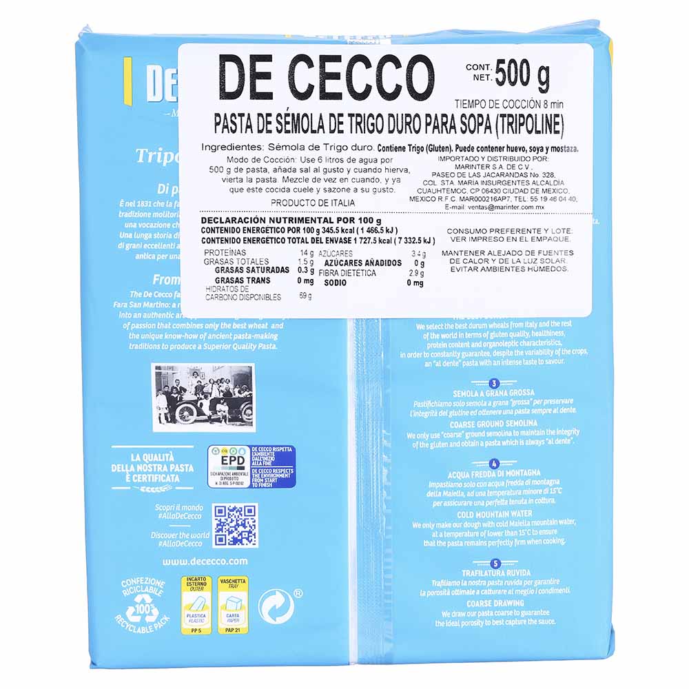 Pasta De Cecco de Semola Nidi Tripoline de 500g - Italia