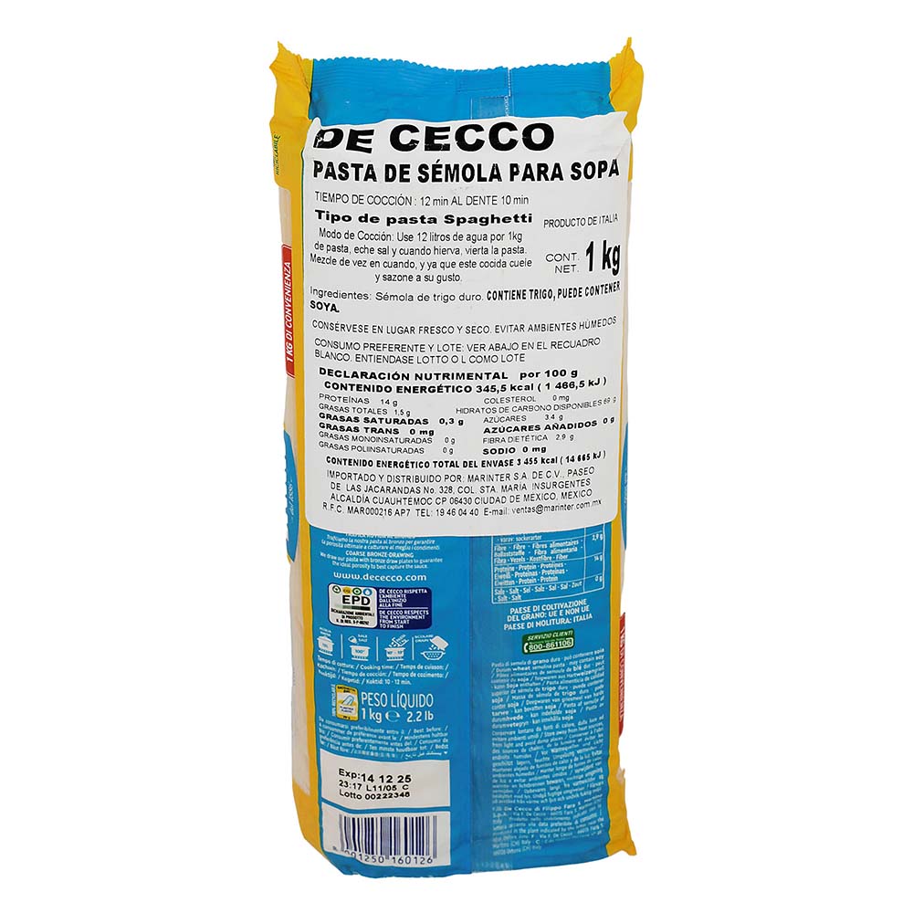 Pasta - De Cecco Spaghetti De Sémola de 1000 g - Italia