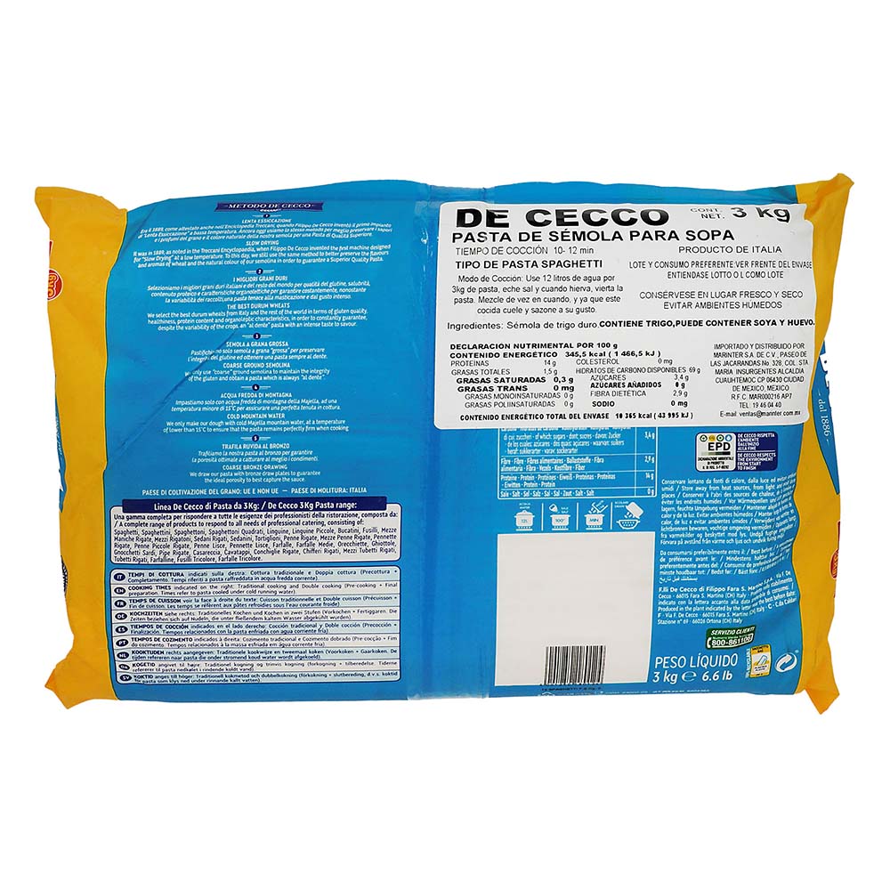 Pasta - De Cecco Spaghetti De Sémola 3000 gr - Italia