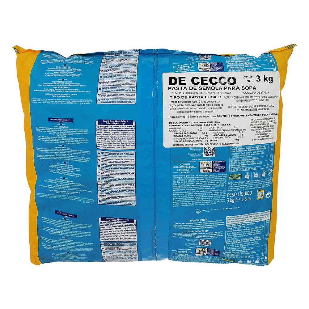 Pasta - De Cecco Fusilli De Sémola 3000 gr - Italia