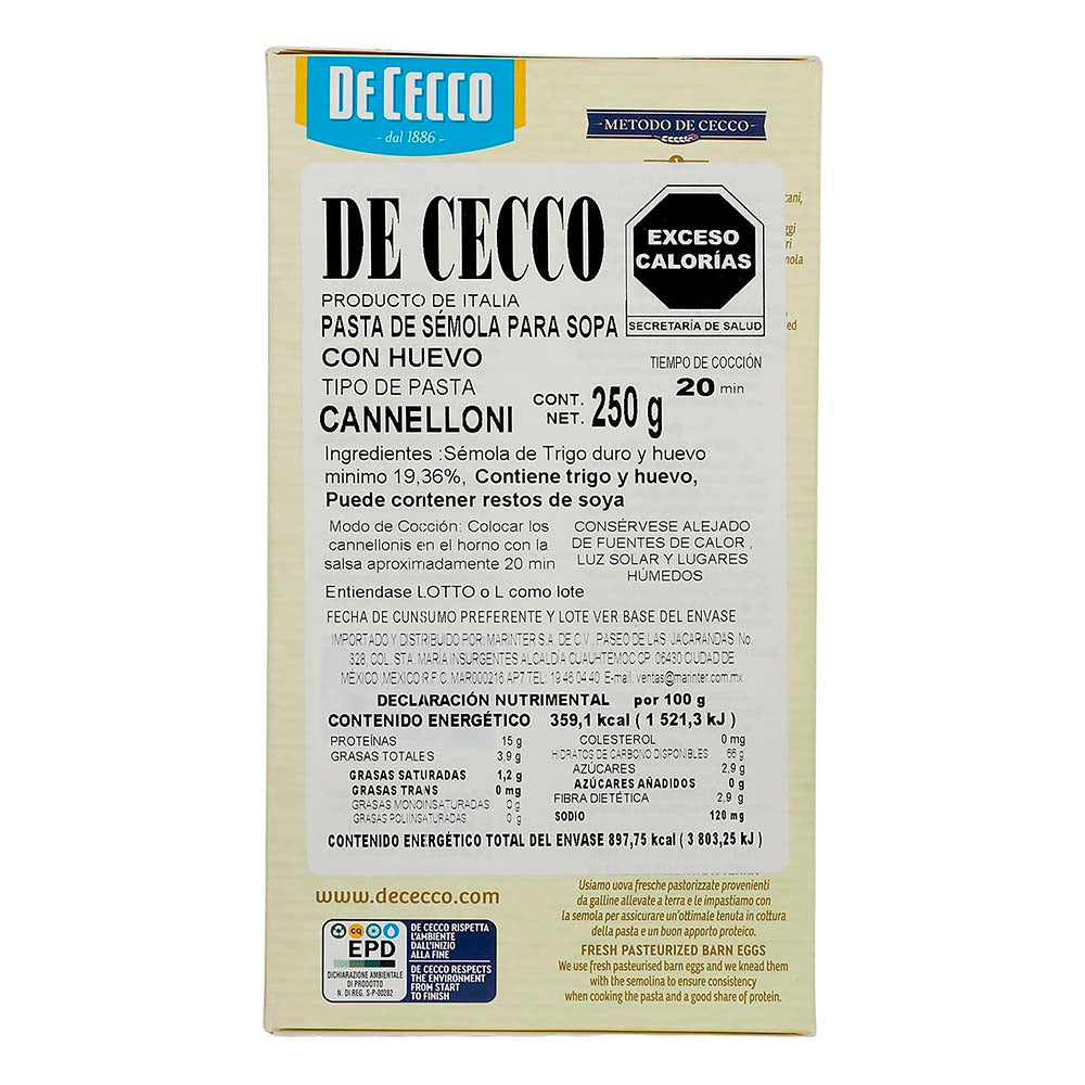 Pasta - De Cecco Canelloni Con Huevo - 250 gr - Italia