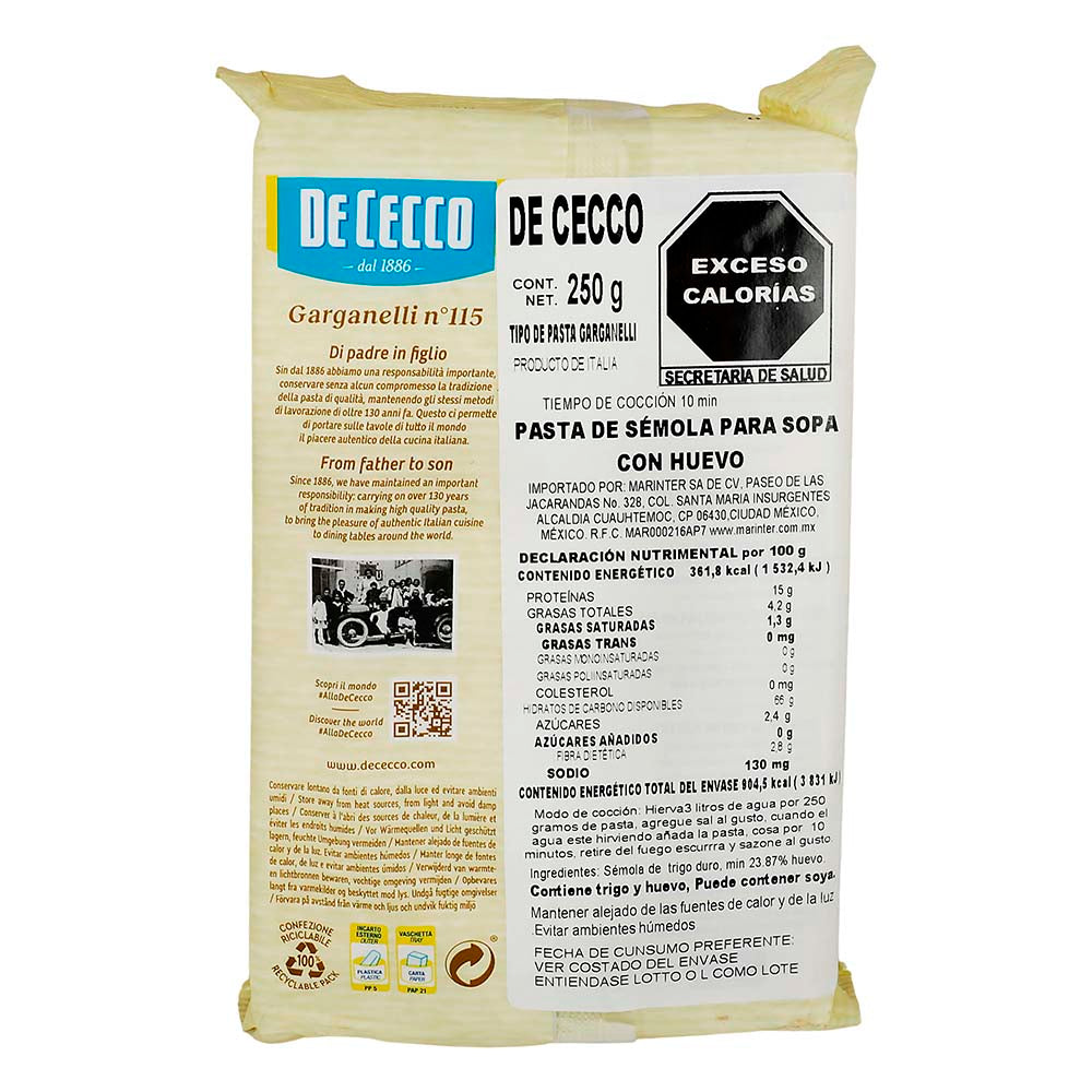 Pasta De Cecco Garganelli Con Huevo de 250 g - Italia