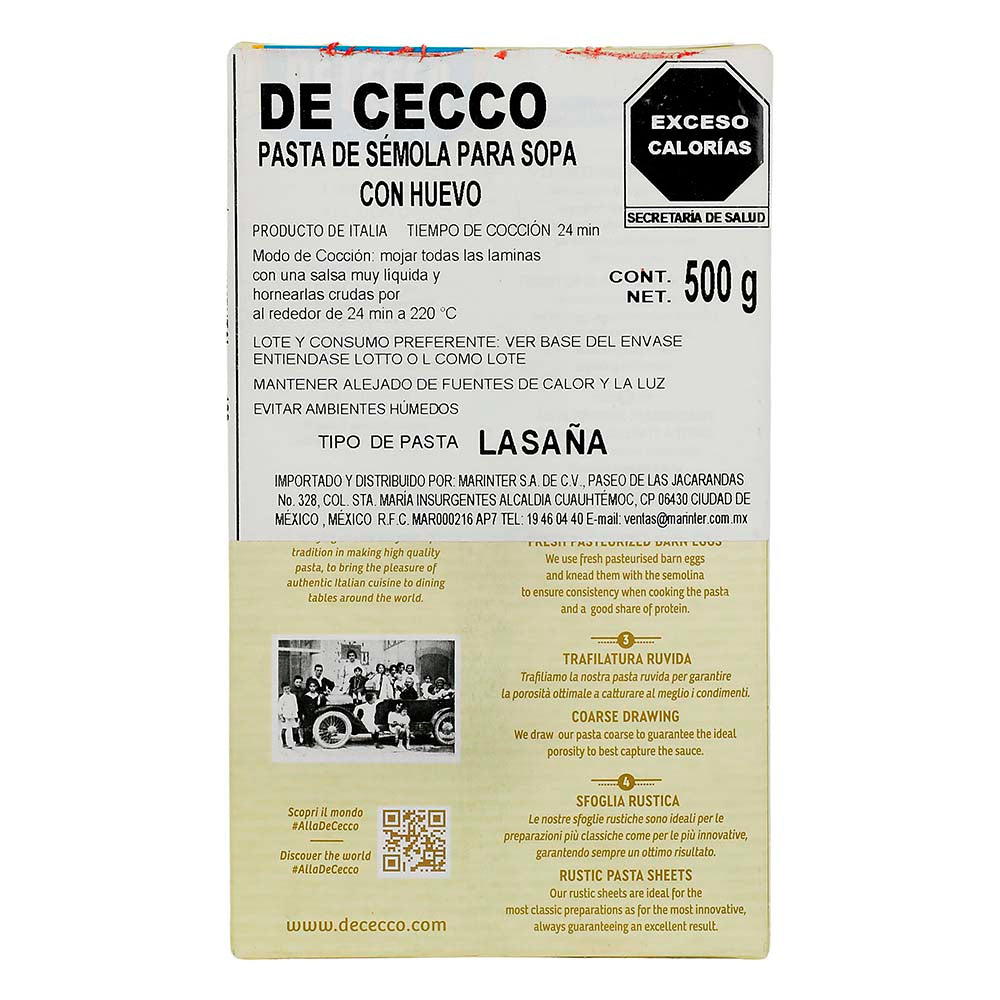 De Cecco - Pasta Lasagna con Huevo 500 g - Italia