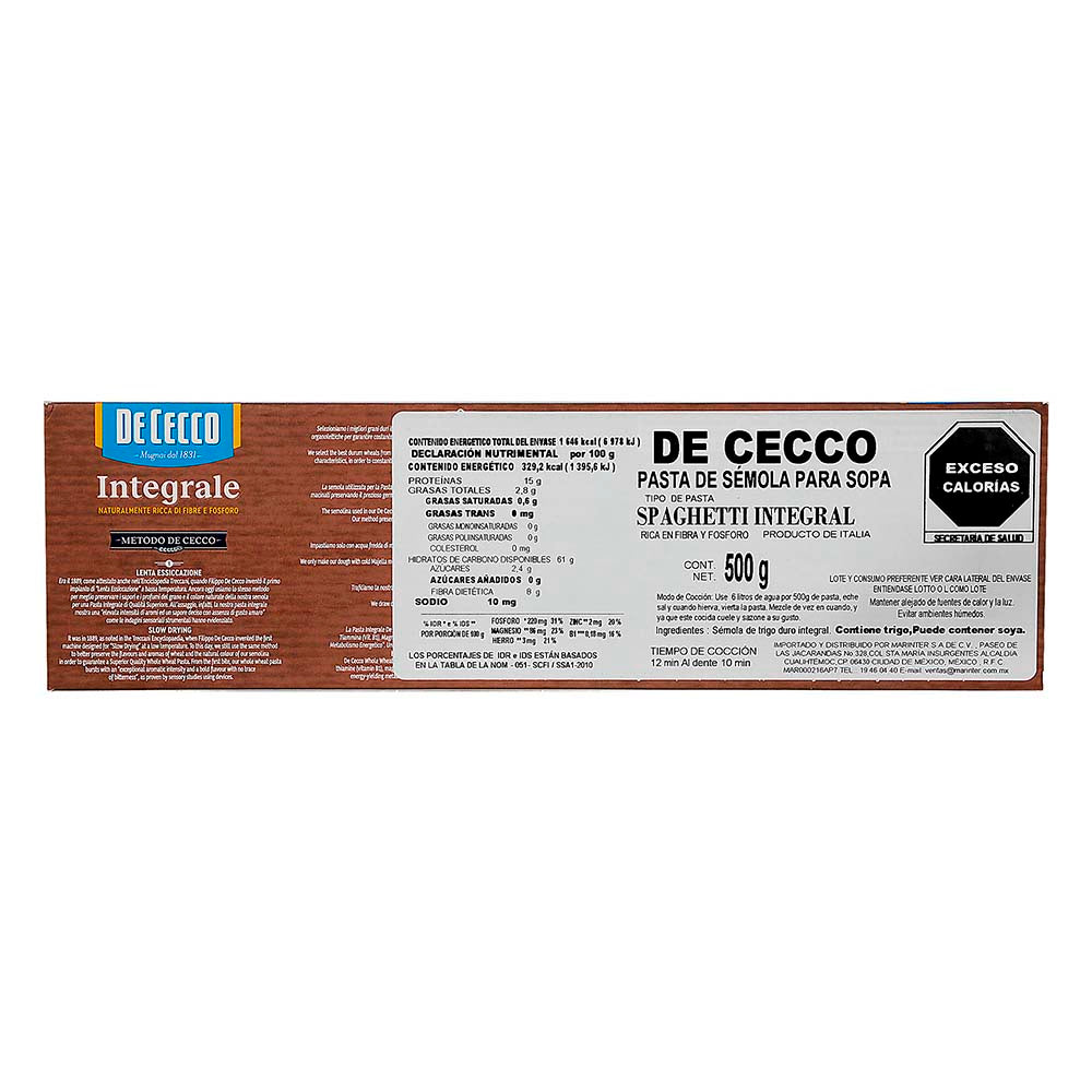 Pasta - De Cecco Spaghetti Integral 500 gr - Italia