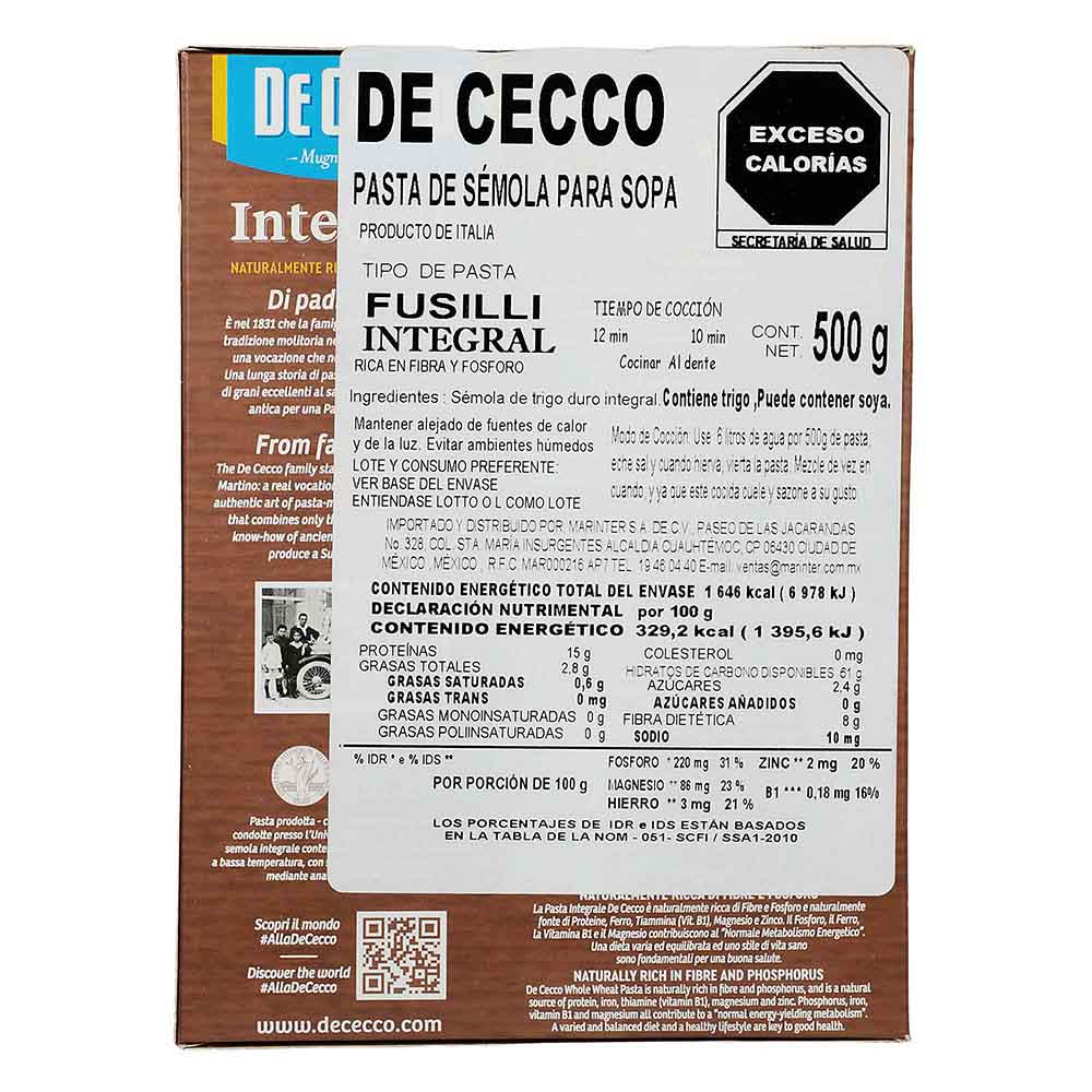 Pasta - De Cecco Fusilli Integral 500 gr - Italia