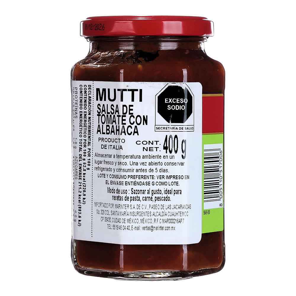 Salsa - Mutti de Tomate con Albahaca de 400 g - Italia
