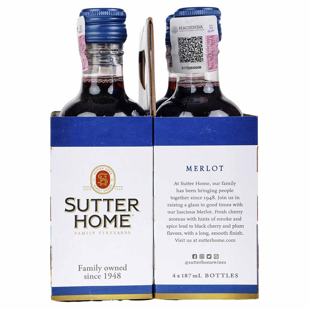 Vino Tinto Sutter Home Merlot Cuatripack 187 ml - Estados Unidos